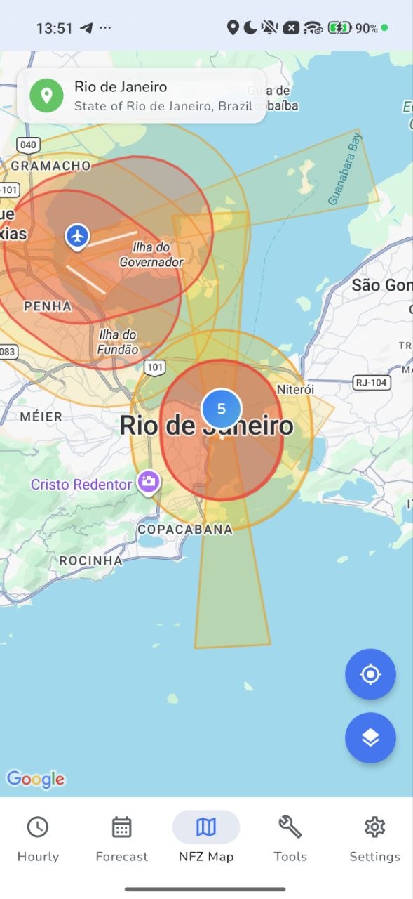 Weather4Fly NFZ map showing airspace around Rio de Janeiro