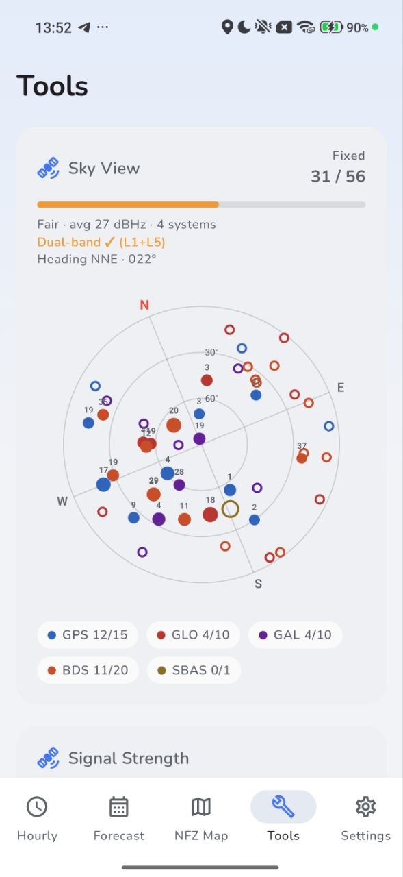 Weather4Fly GNSS sky view on Android